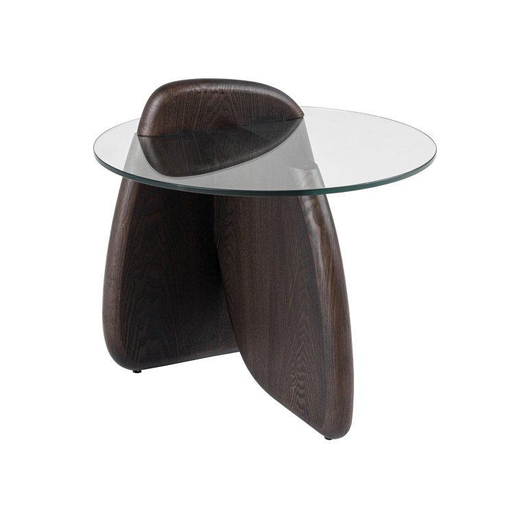Round Clear Glass and Dark Walnut End Table