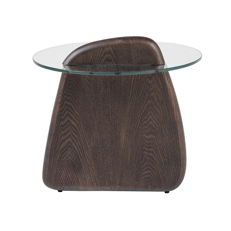 Round Clear Glass and Dark Walnut End Table