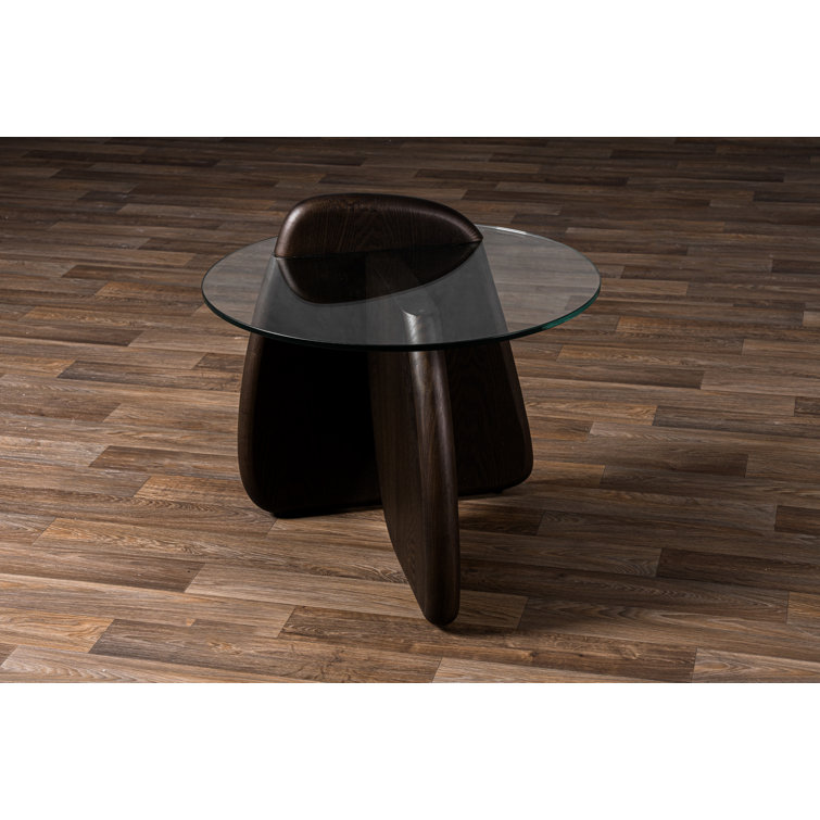 Round Clear Glass and Dark Walnut End Table