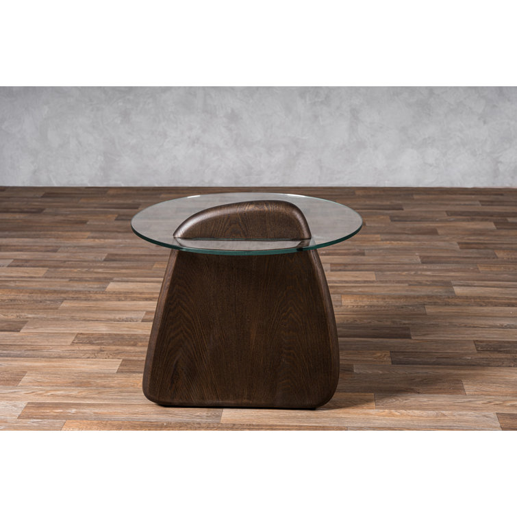 Round Clear Glass and Dark Walnut End Table
