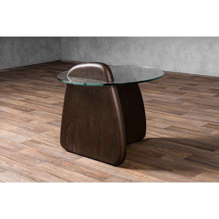 Round Clear Glass and Dark Walnut End Table