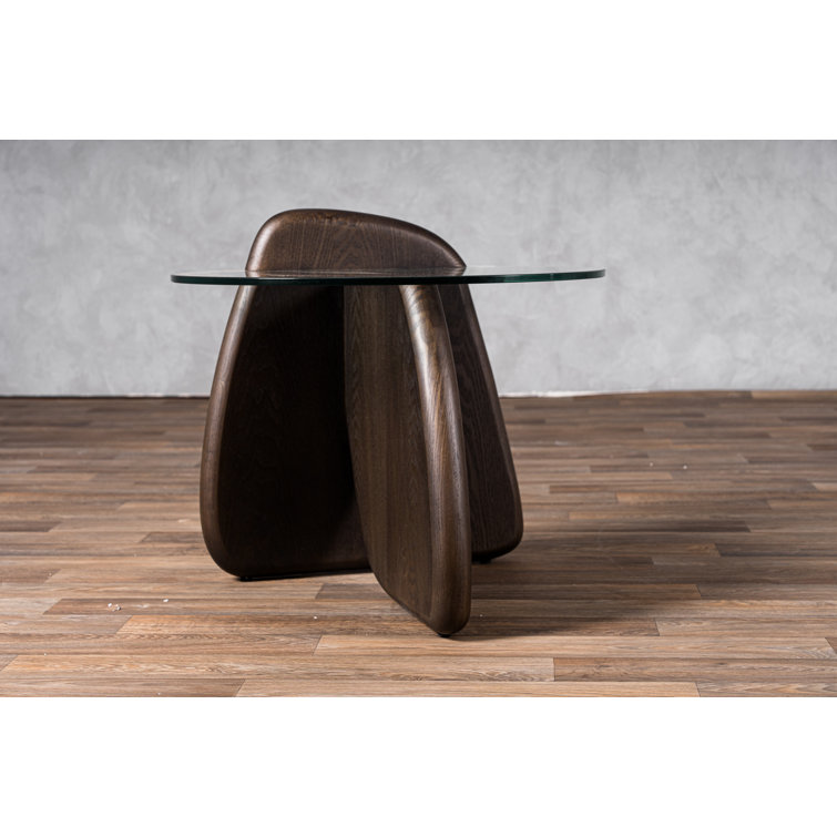 Round Clear Glass and Dark Walnut End Table