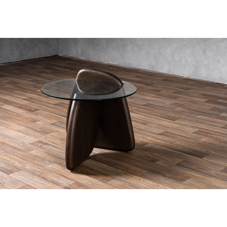 Round Clear Glass and Dark Walnut End Table