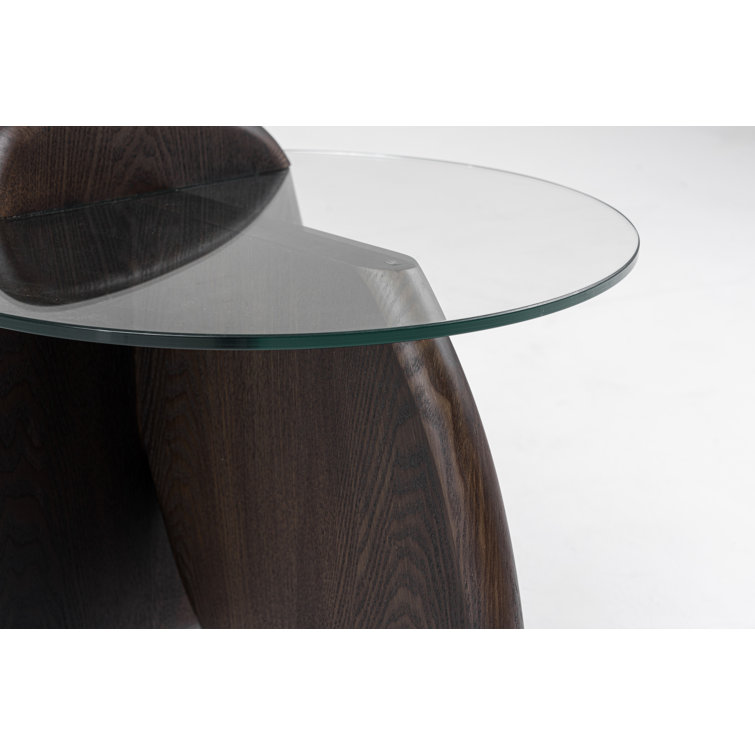 Round Clear Glass and Dark Walnut End Table