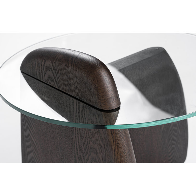 Round Clear Glass and Dark Walnut End Table