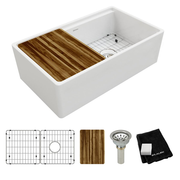 Elkay 33" White Fireclay Single Bowl Farmhouse Sink Kit
