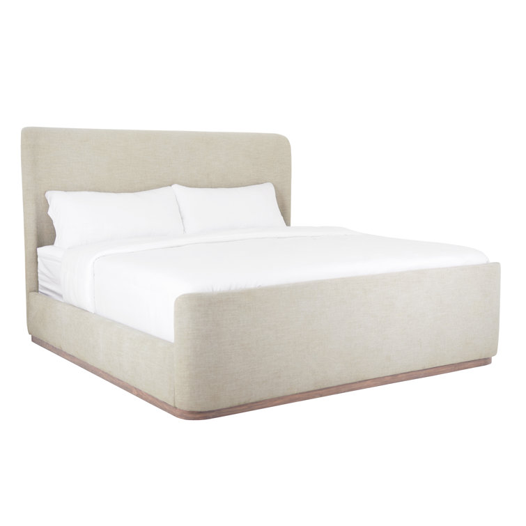 Queen Beige Upholstered Wingback Bed with Rounded Corners