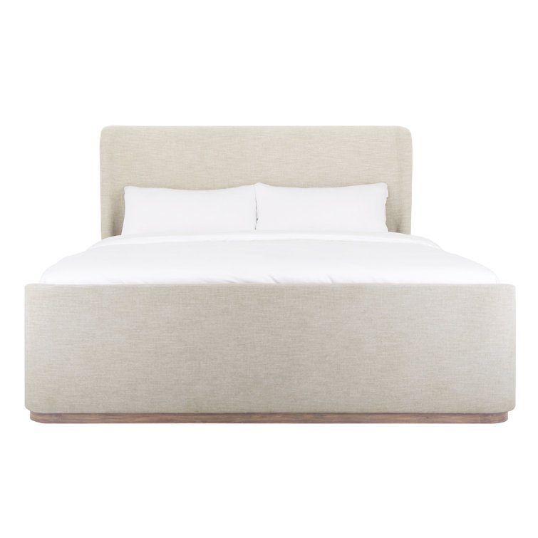 Queen Beige Upholstered Wingback Bed with Rounded Corners