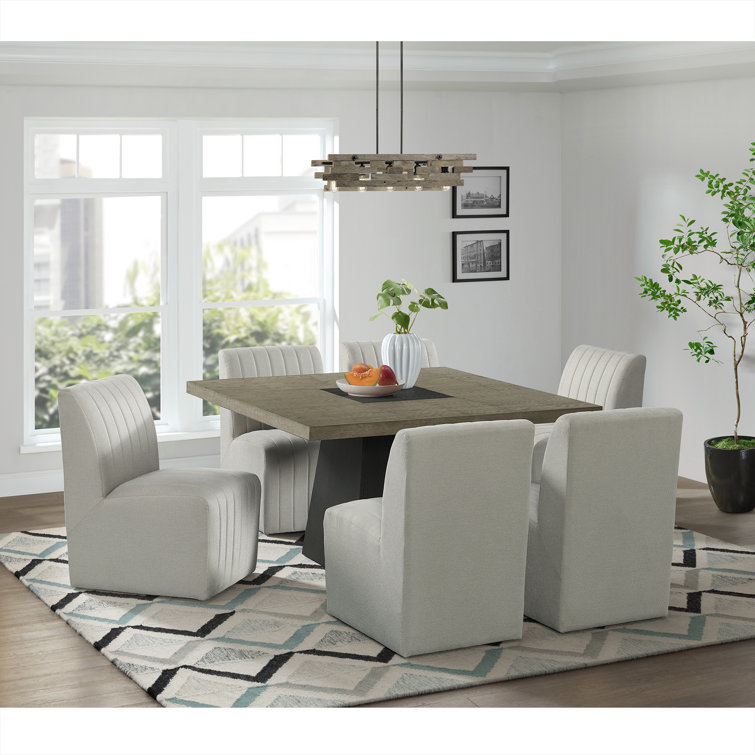Rizzo Black Pedestal Dining Set with Beige Upholstered Chairs