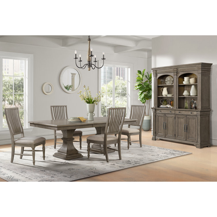 Gray Double Pedestal Dining Set with Beige Upholstered Chairs