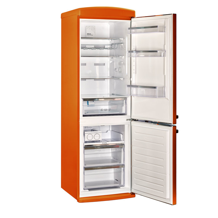 Creamsicle Orange Retro Bottom Freezer Refrigerator with Chrome Handles