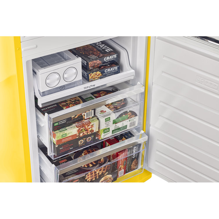 Canary Yellow Retro Bottom Freezer Refrigerator with Chrome Handles