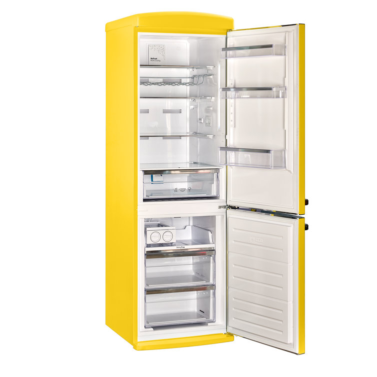 Canary Yellow Retro Bottom Freezer Refrigerator with Chrome Handles