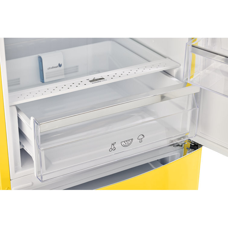 Canary Yellow Retro Bottom Freezer Refrigerator with Chrome Handles