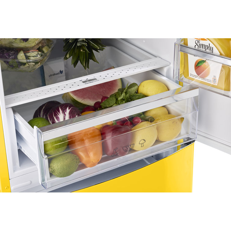 Canary Yellow Retro Bottom Freezer Refrigerator with Chrome Handles