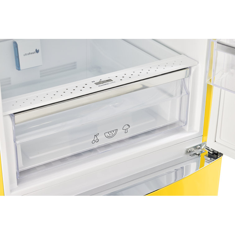 Canary Yellow Retro Bottom Freezer Refrigerator with Chrome Handles