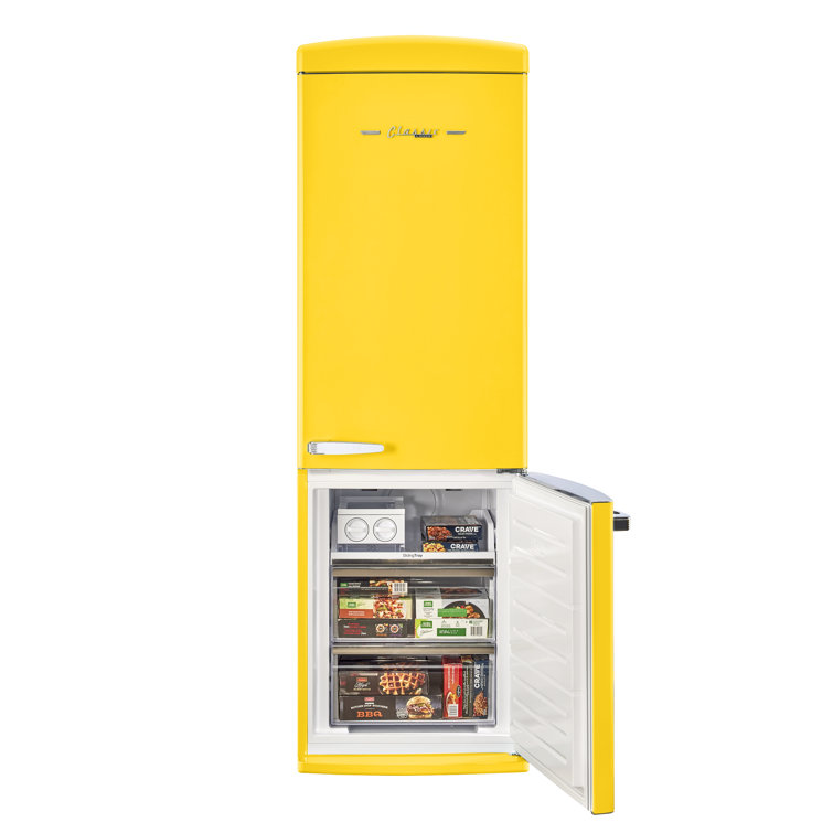 Canary Yellow Retro Bottom Freezer Refrigerator with Chrome Handles