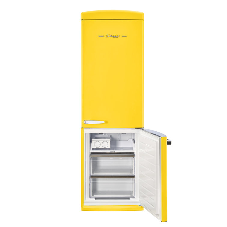 Canary Yellow Retro Bottom Freezer Refrigerator with Chrome Handles