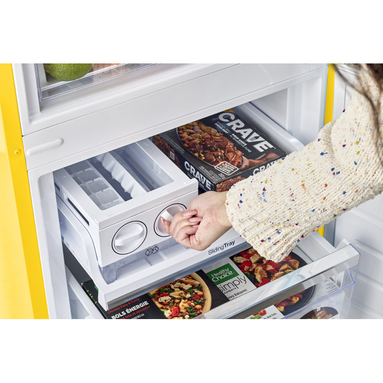 Canary Yellow Retro Bottom Freezer Refrigerator with Chrome Handles
