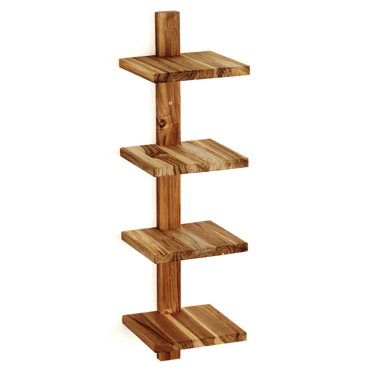 Eco-Friendly Teak 4-Tier Wall Mounted Shelf in Brown