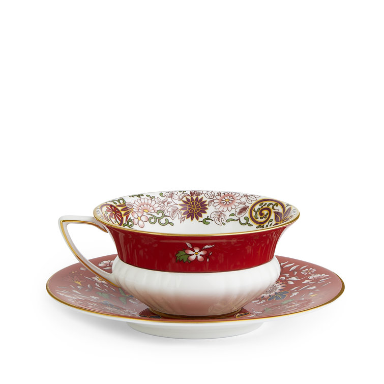 Crimson Jewel Floral Fine Bone China Teacup and Saucer Set