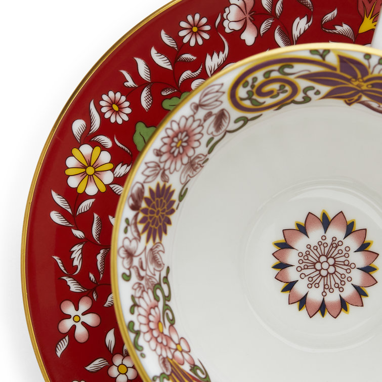 Crimson Jewel Floral Fine Bone China Teacup and Saucer Set