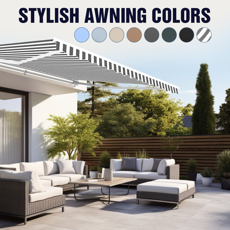 Sky Blue 12' x 10' Manual Retractable Patio Awning with Black Frame