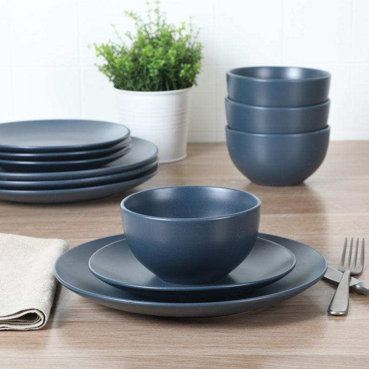Matte Blue Ceramic 12-Piece Dinnerware Set for 4