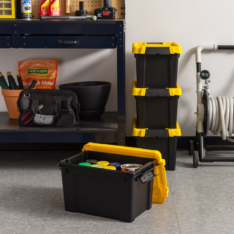 Heavy-Duty Black and Yellow Stackable Plastic Storage Totes