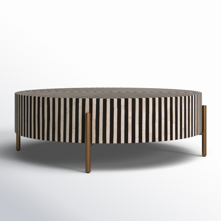 Round Black and White Resin Coffee Table with Bone Inlay
