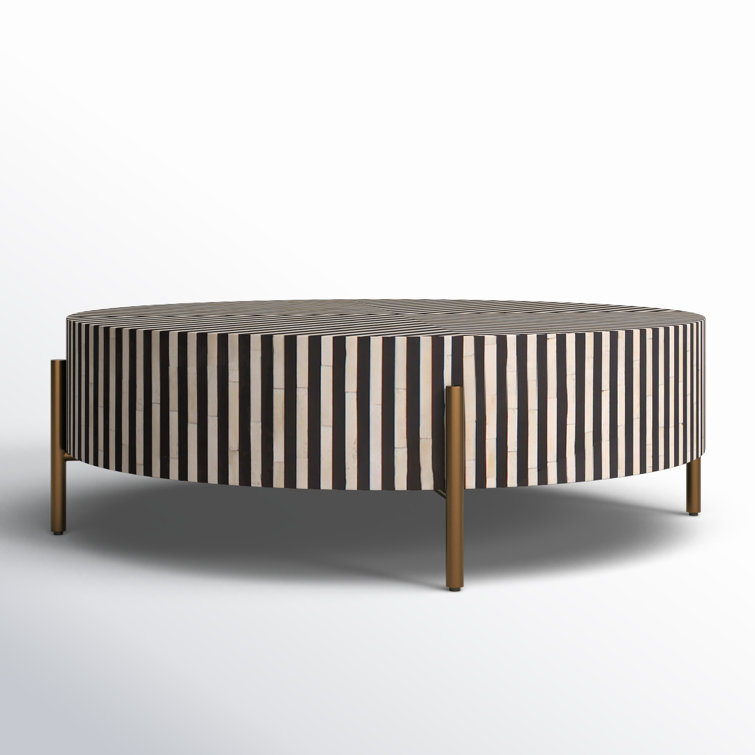 Round Black and White Resin Coffee Table with Bone Inlay