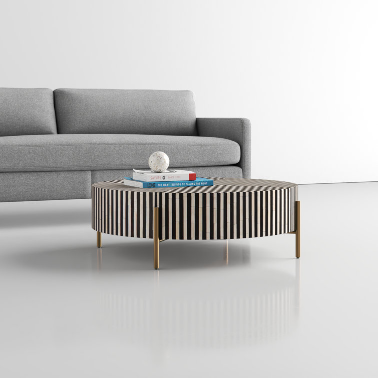 Round Black and White Resin Coffee Table with Bone Inlay