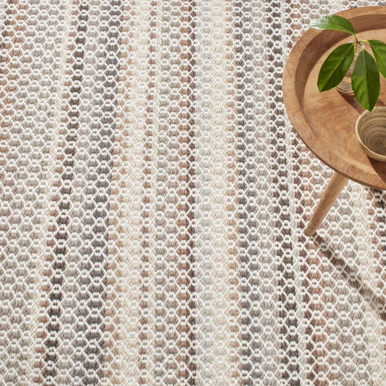 Natural Beige and Brown Handwoven Wool Stripe Rug, 2' x 3'