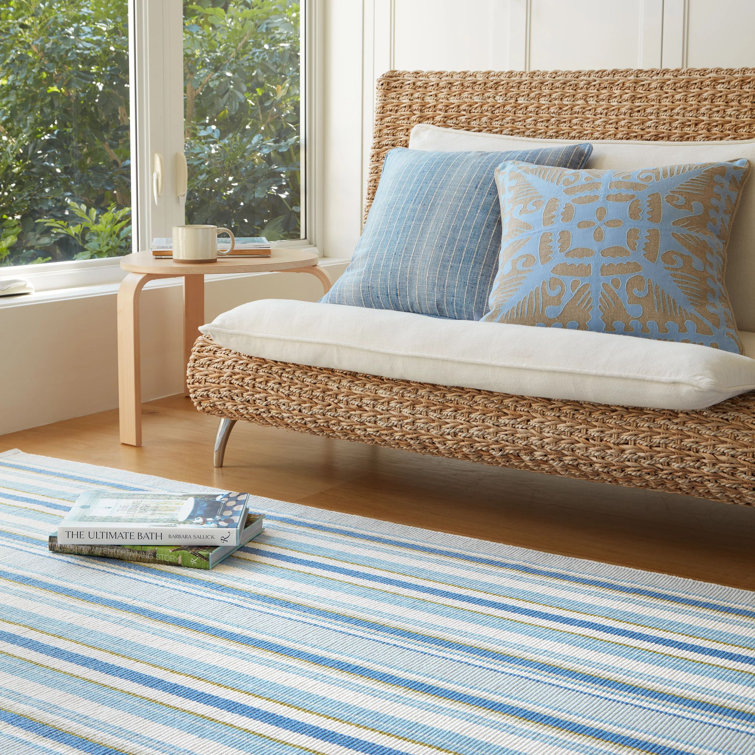 Handwoven Blue and White Wool Cotton Stripe Rectangular Rug
