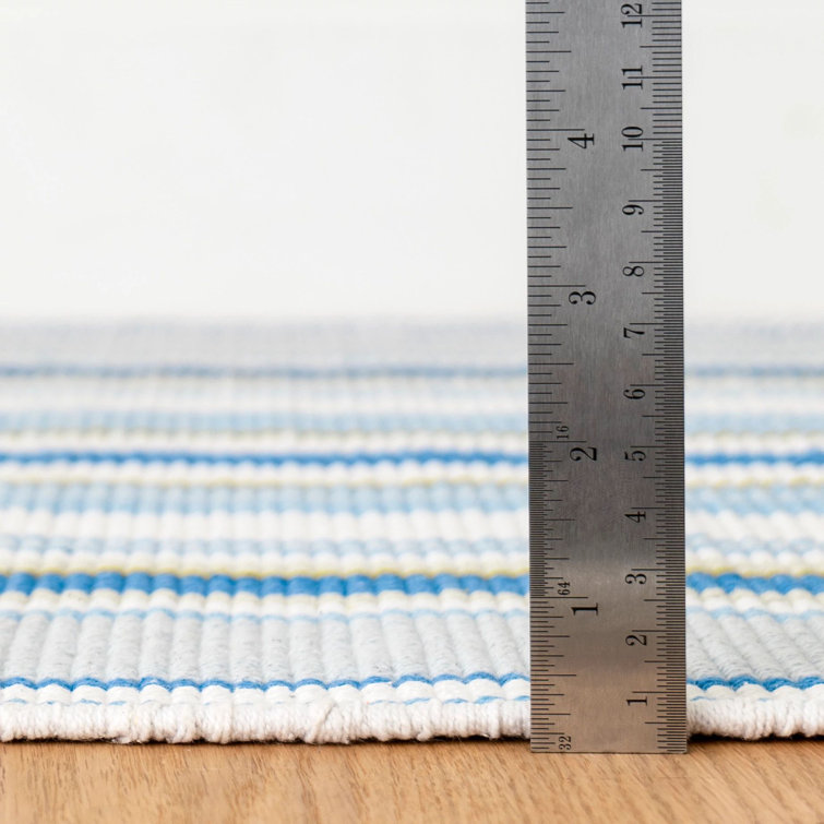 Handwoven Blue and White Wool Cotton Stripe Rectangular Rug