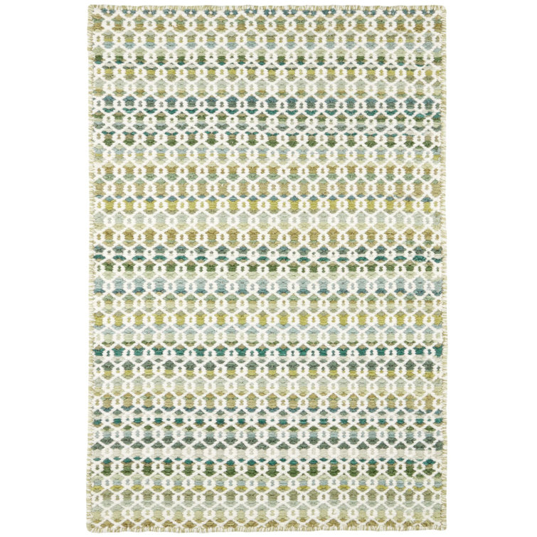 Moss Green and White Handwoven Wool Stripe Rug, 2' x 3'