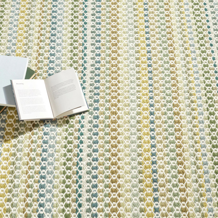 Moss Green and White Handwoven Wool Stripe Rug, 2' x 3'