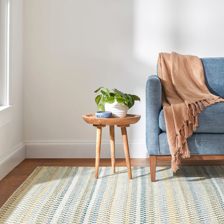 Moss Green and White Handwoven Wool Stripe Rug, 2' x 3'