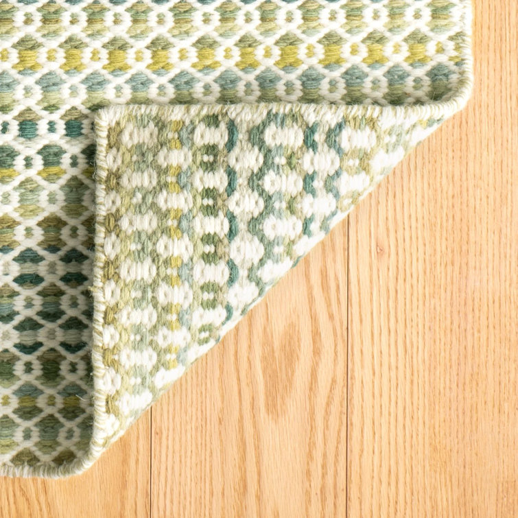 Moss Green and White Handwoven Wool Stripe Rug, 2' x 3'