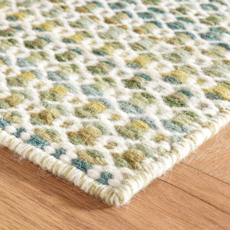 Moss Green and White Handwoven Wool Stripe Rug, 2' x 3'