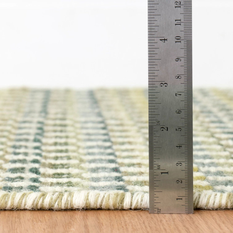 Moss Green and White Handwoven Wool Stripe Rug, 2' x 3'
