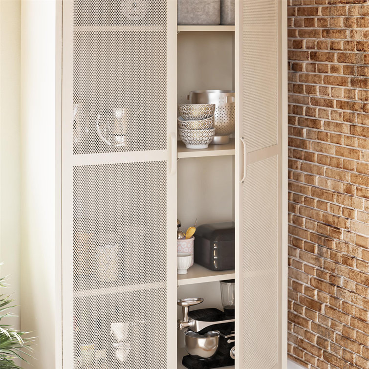 Tall Parchment Steel 2-Door Mesh Bathroom Storage Cabinet