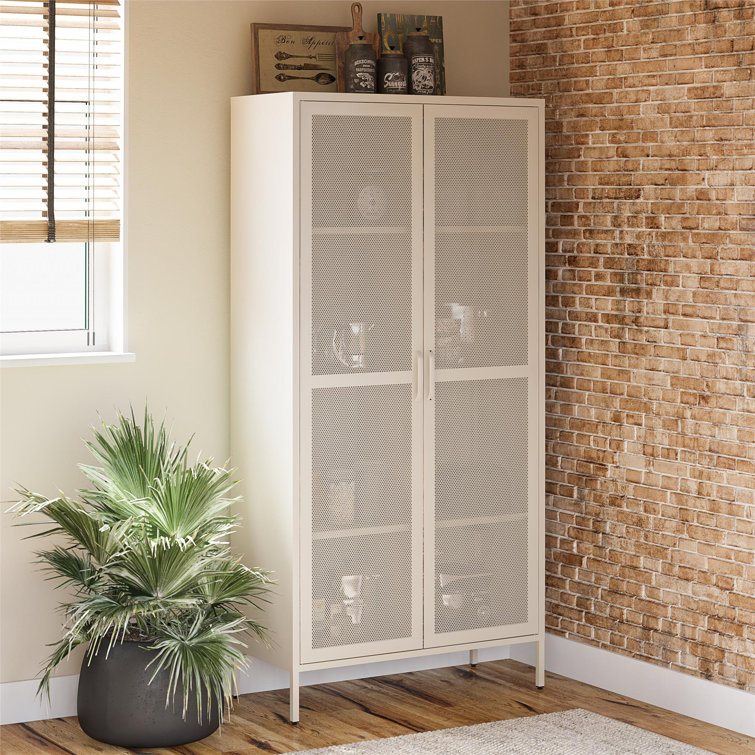 Tall Parchment Steel 2-Door Mesh Bathroom Storage Cabinet