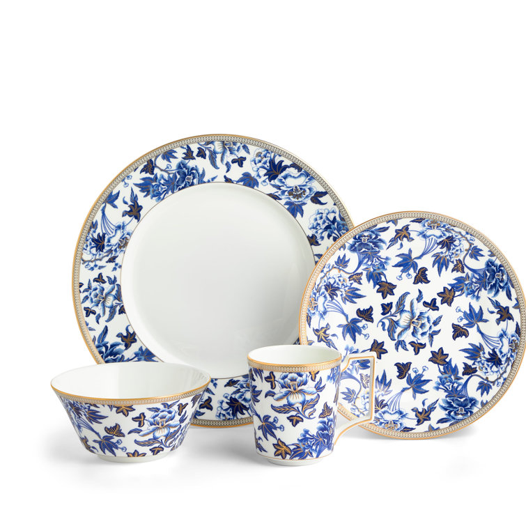 Hibiscus Elegance Porcelain 4-Piece Dinner Set, Blue Floral