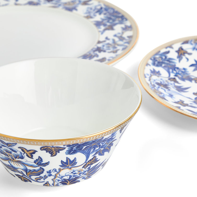 Hibiscus Elegance Porcelain 4-Piece Dinner Set, Blue Floral