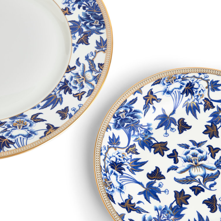 Hibiscus Elegance Porcelain 4-Piece Dinner Set, Blue Floral
