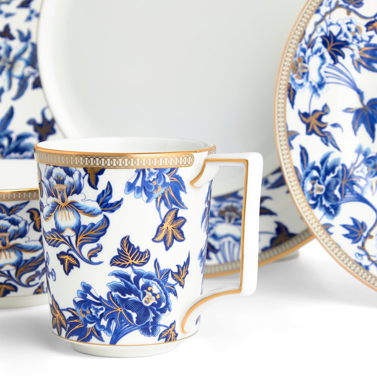 Hibiscus Elegance Porcelain 4-Piece Dinner Set, Blue Floral