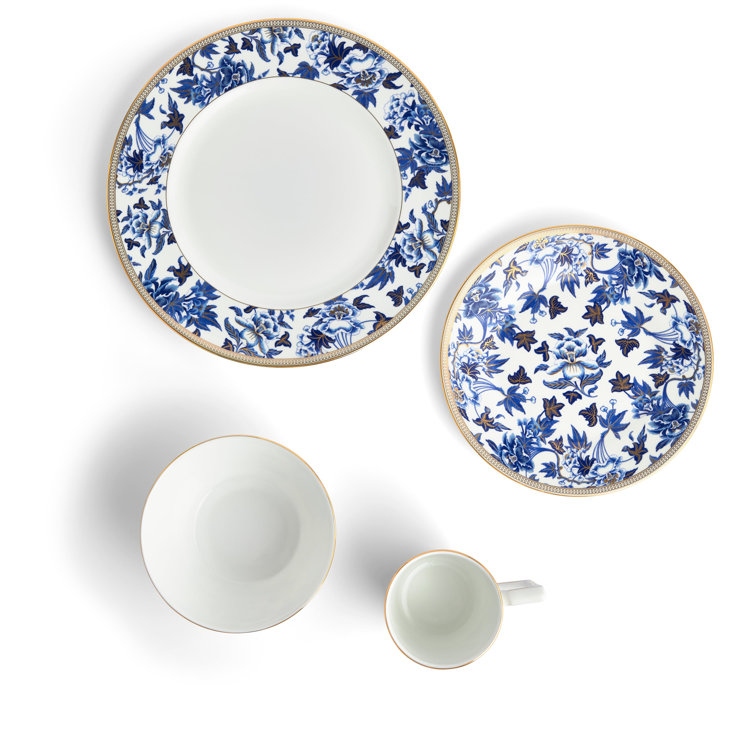 Hibiscus Elegance Porcelain 4-Piece Dinner Set, Blue Floral