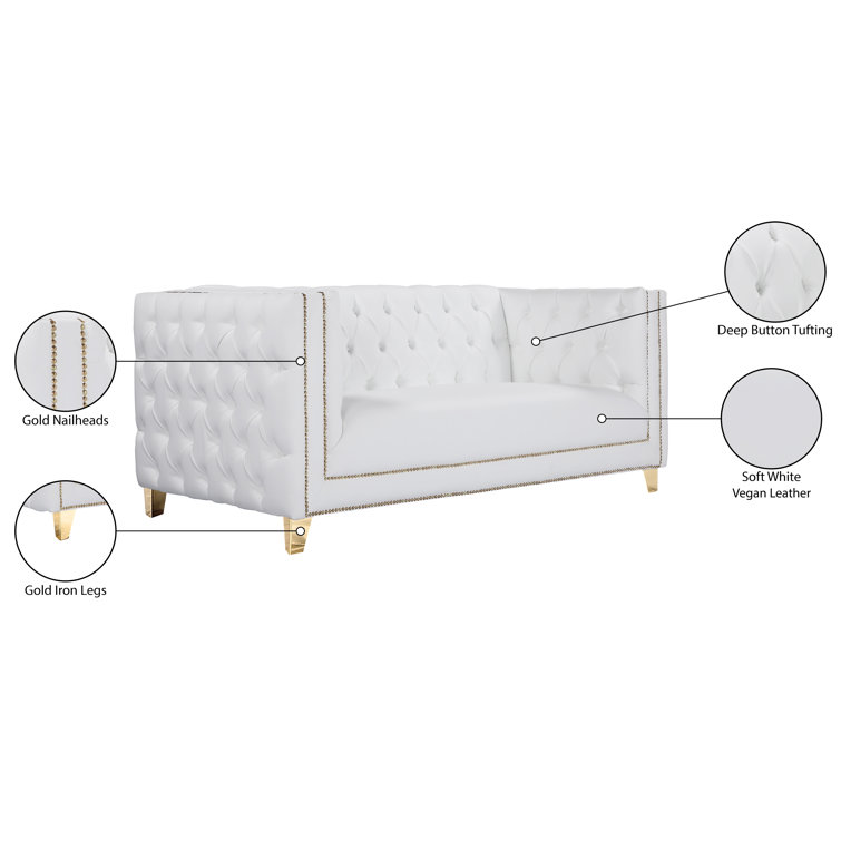 Michelle 66'' White Tufted Faux Leather Loveseat with Gold Nailhead Trim