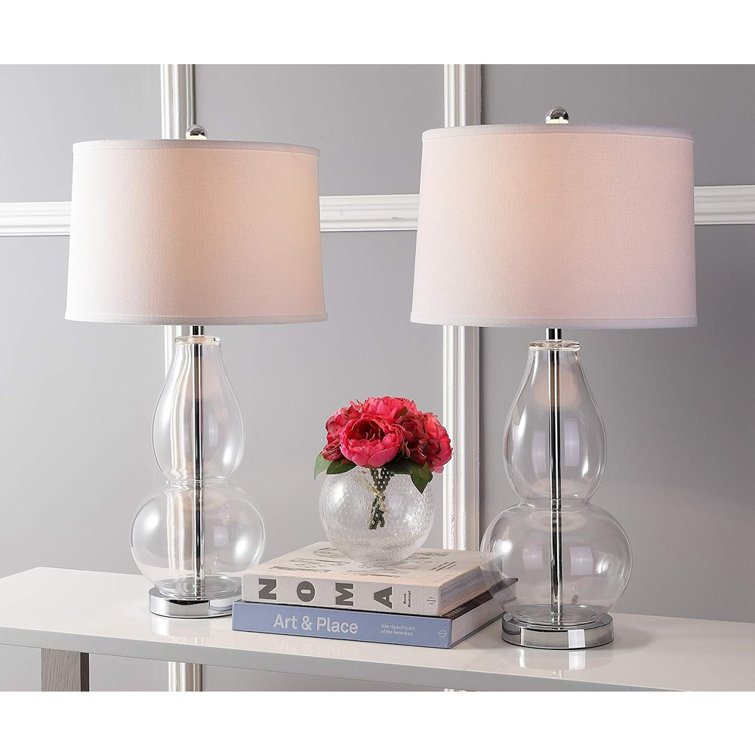 Clear Glass Double Gourd Table Lamp Set with White Shades